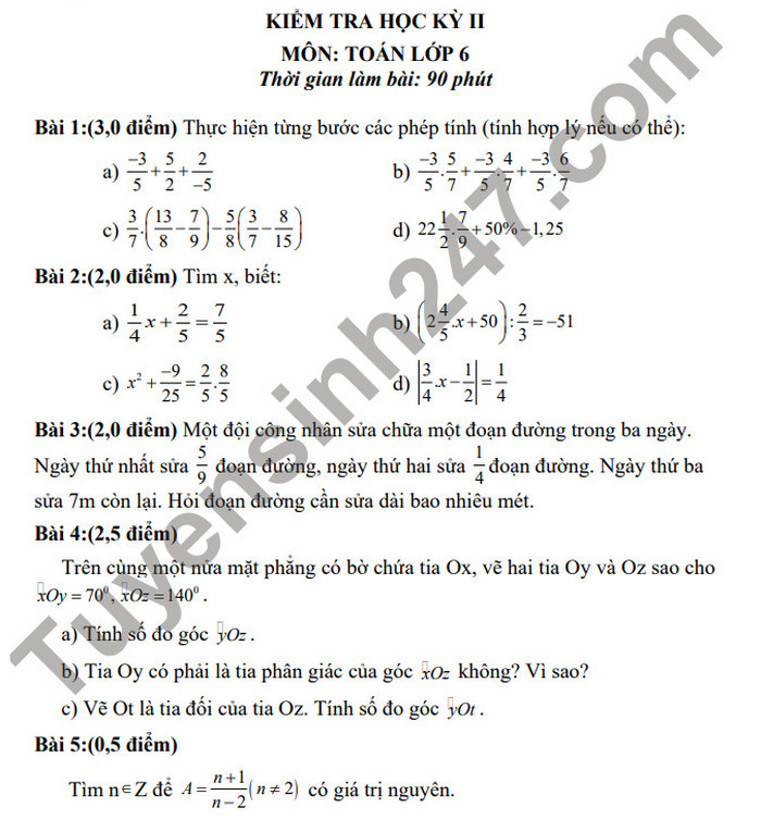 Đề thi cuối kì 2 năm 2021 môn Toán lớp 6 - THCS Long Toàn (Đề minh họa)