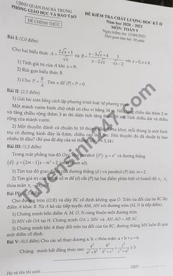 Đề thi cuối học kì 2 lớp 9 môn Toán - Quận Hai Bà Trưng 2021