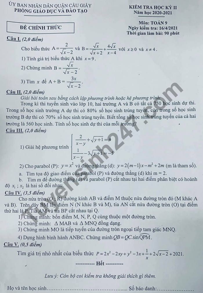Đề thi học kì 2 năm 2021 môn Toán lớp 9 - Quận Cầu Giấy (Có đáp án)