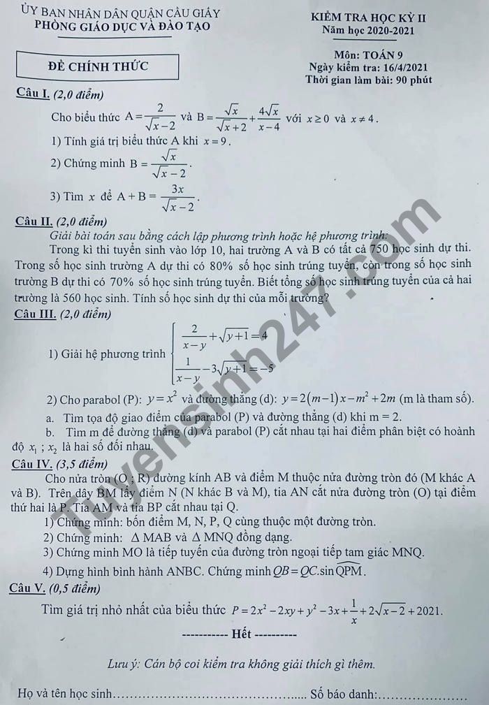 Đề Thi Học Kì 2 Năm 2021 Môn Toán Lớp 9 - Quận Cầu Giấy (Có Đáp Án)