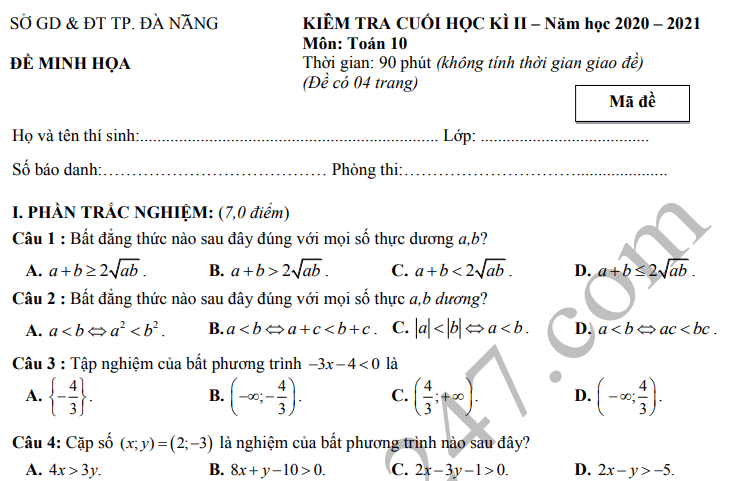 Đề thi kì 2 môn Toán lớp 10 - Đà Nẵng 2021 (Minh họa)