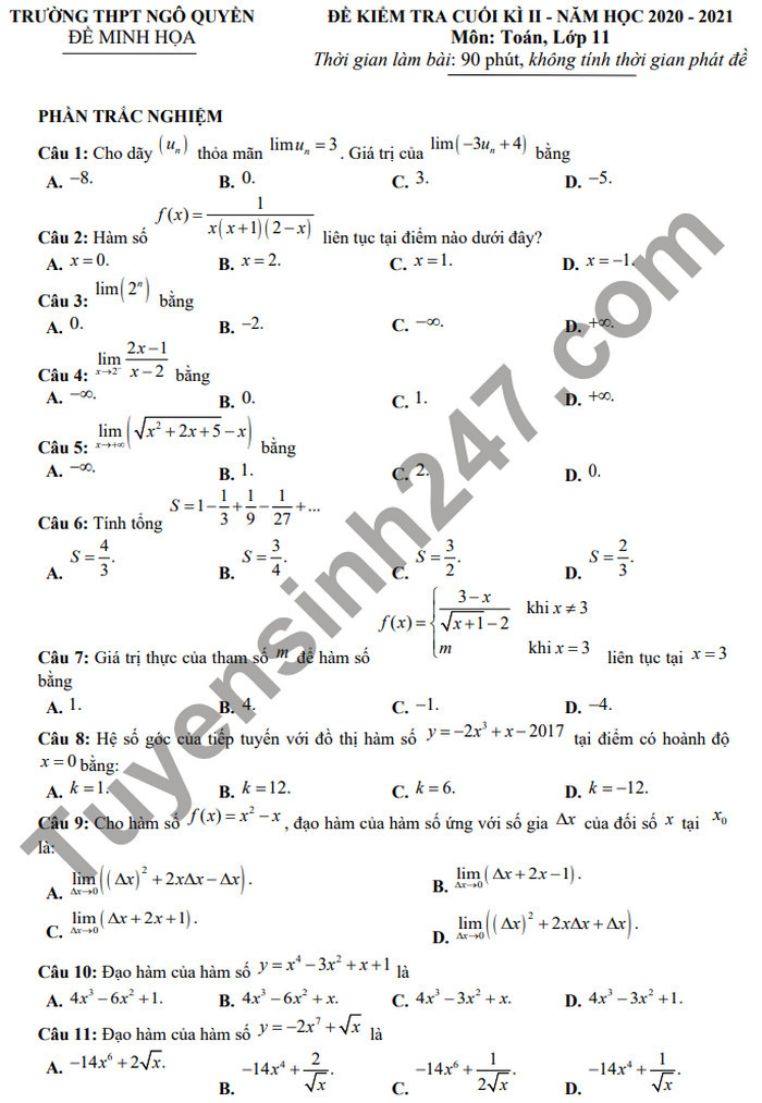 Đề thi cuối kì 2 năm 2021 lớp 11 môn Toán - THPT Ngô Quyền (minh họa)