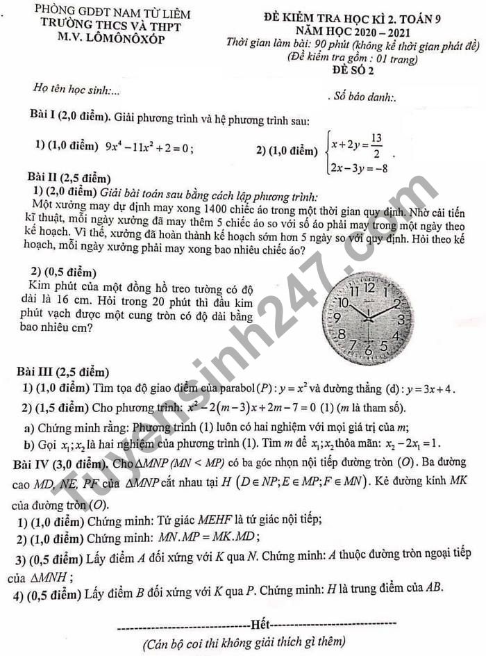 Đề thi học kì 2 môn Toán lớp 9 - THCS&THPT M.V.Lômônôxốp 2021
