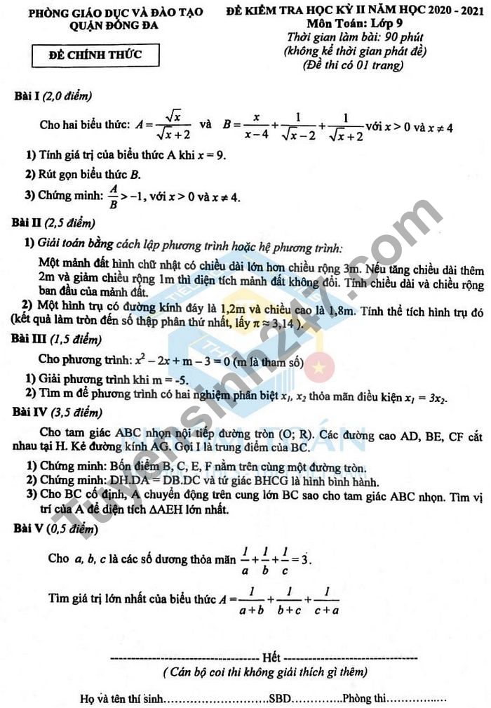 Đề thi cuối kì 2 lớp 9 môn Toán - Quận Đống Đa 2021