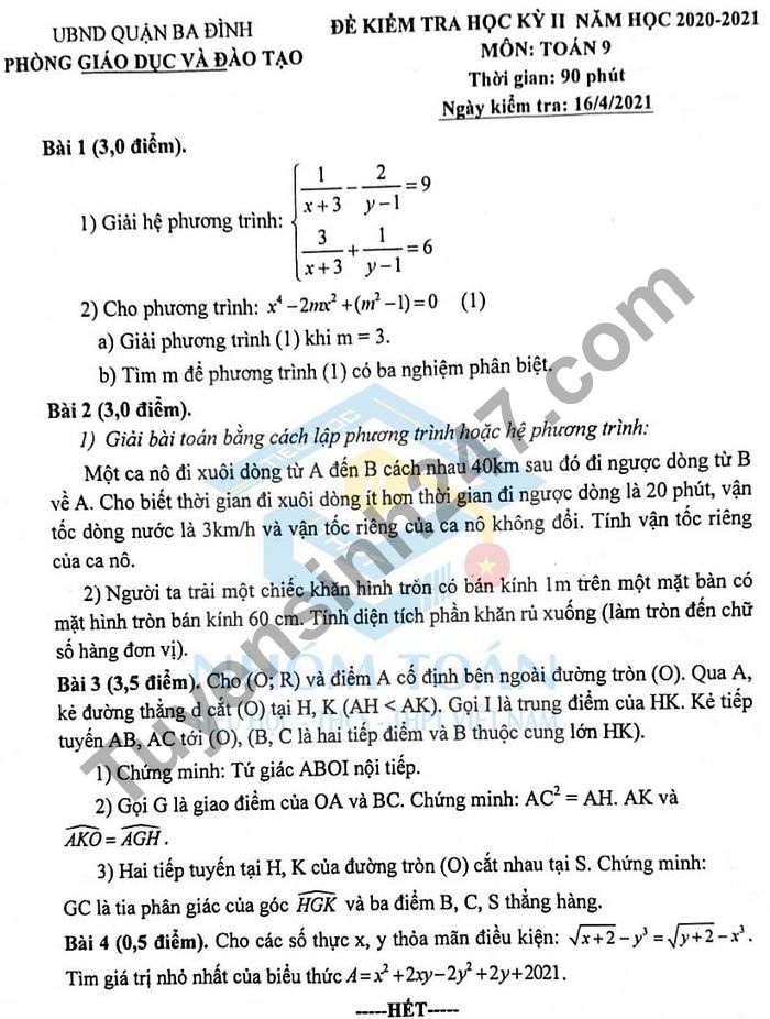 Đề thi học kì 2 môn Toán lớp 9 - Quận Ba Đình 2021