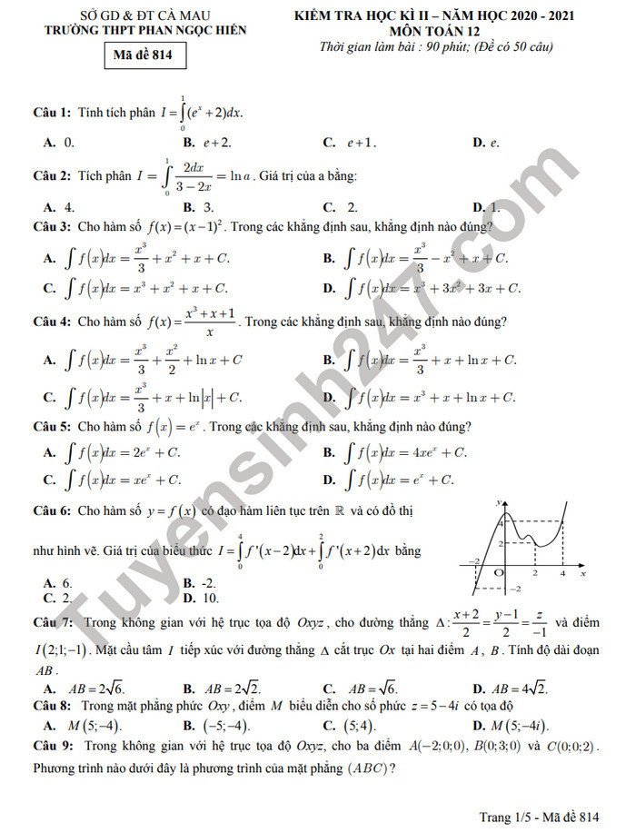 Đề thi học kì 2 môn Toán lớp 12 năm 2021 THPT Phan Ngọc Hiển