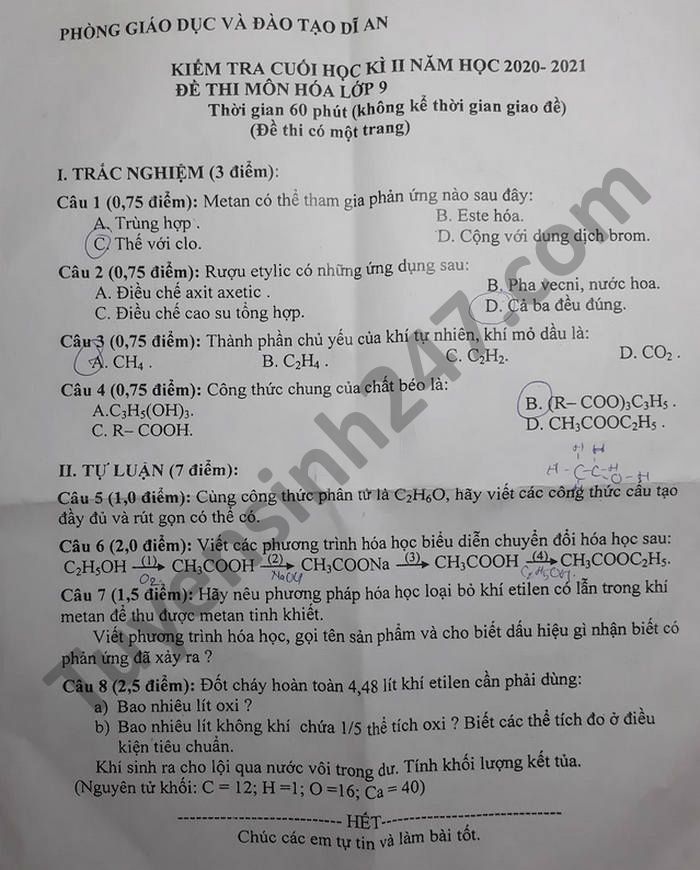 Đề thi học kì 2 môn Hóa lớp 9 Phòng GD Dĩ An năm 2021 