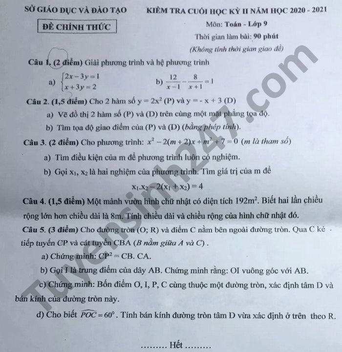 Đề thi học kì 2 năm 2021 tỉnh Bình Dương môn Toán lớp 9 