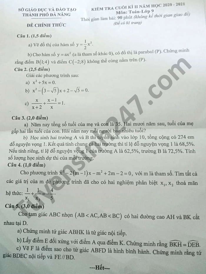 Đề thi học kì 2 năm 2021 môn Toán lớp 9 Thành phố Đà Nẵng