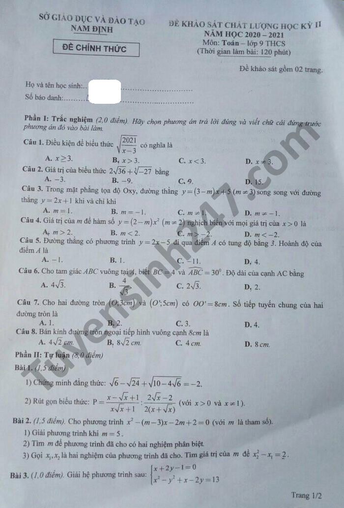 Đề thi học kì 2 môn Toán lớp 9 năm 2021 tỉnh Nam Định