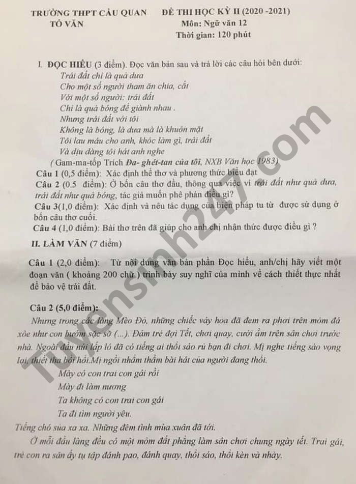 Đề thi học kì 2 năm 2021 THPT Cầu Quan môn Văn lớp 12 