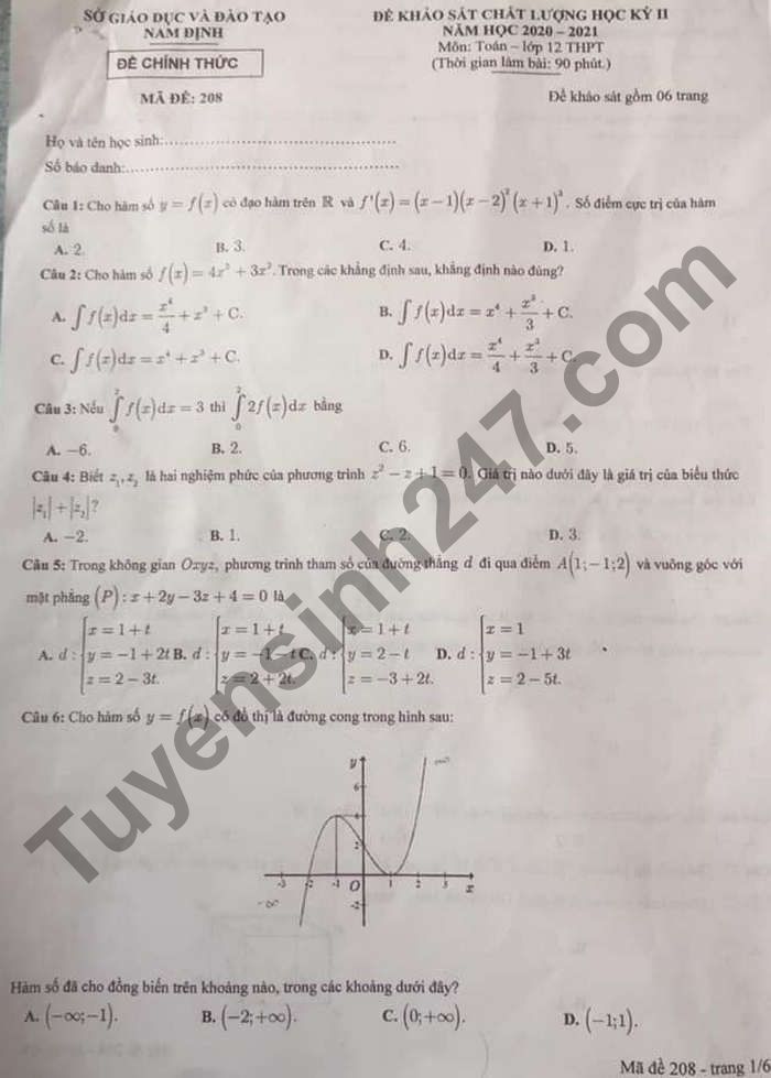 Đề thi cuối kì 2 năm 2021 môn Toán lớp 12 - Sở GD Nam Định