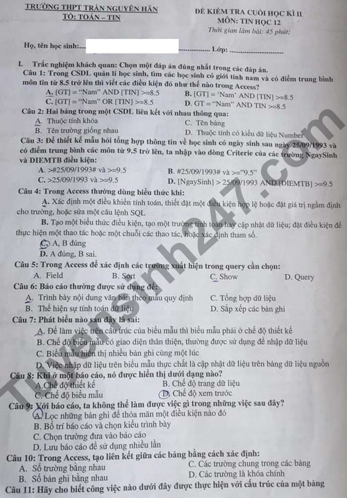 Đề thi kì 2 năm 2021 lớp 12 môn Tin - THPT Trần Nguyên Hãn