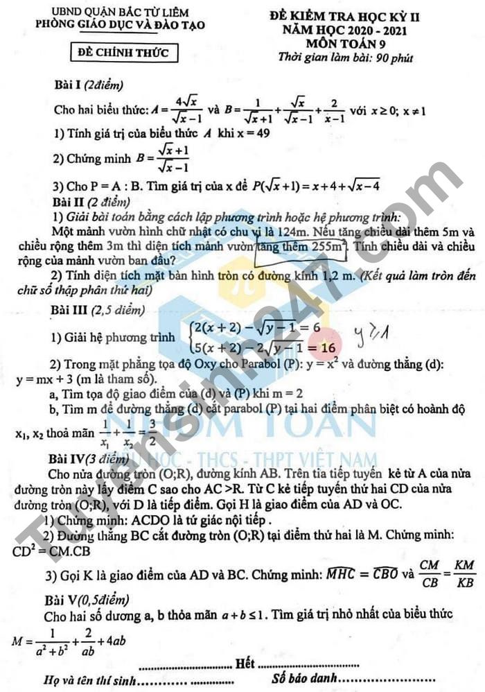 Đề thi kì 2 năm 2021 Toán lớp 9 - Quận Bắc Từ Liêm