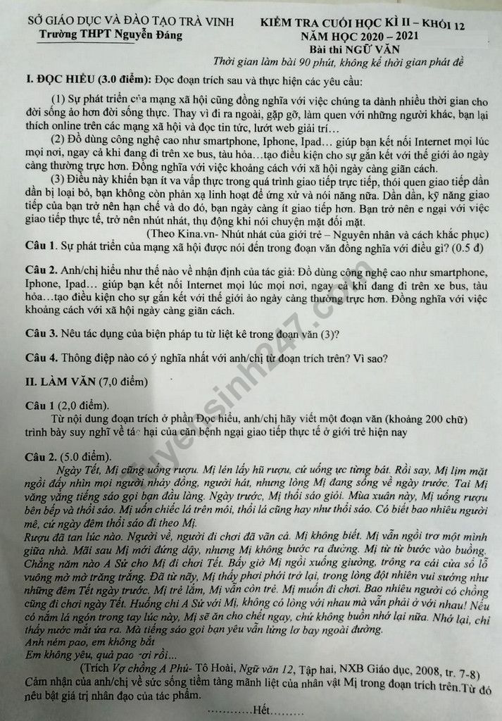 Đề thi kì 2 môn Văn lớp 12 - THPT Nguyễn Đáng năm 2021 