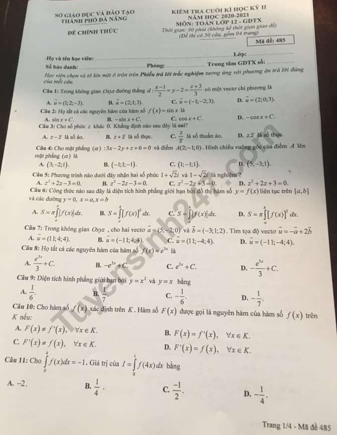 Đề thi kì 2 môn Toán lớp 12 hệ GDTX - Sở GD Đà Nẵng 2021