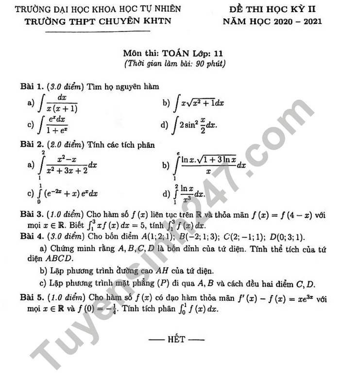 Đề thi học kì 2 THPT Chuyên KHTN năm 2021 môn Toán lớp 11