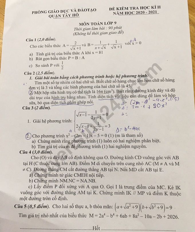Đề thi cuối kì 2 lớp 9 năm 2021 môn Toán - Quận Tây Hồ