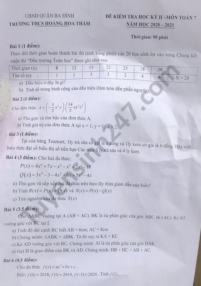 Đề thi học kì 2 năm 2021 môn Toán lớp 7 THCS Hoàng Hoa Thám