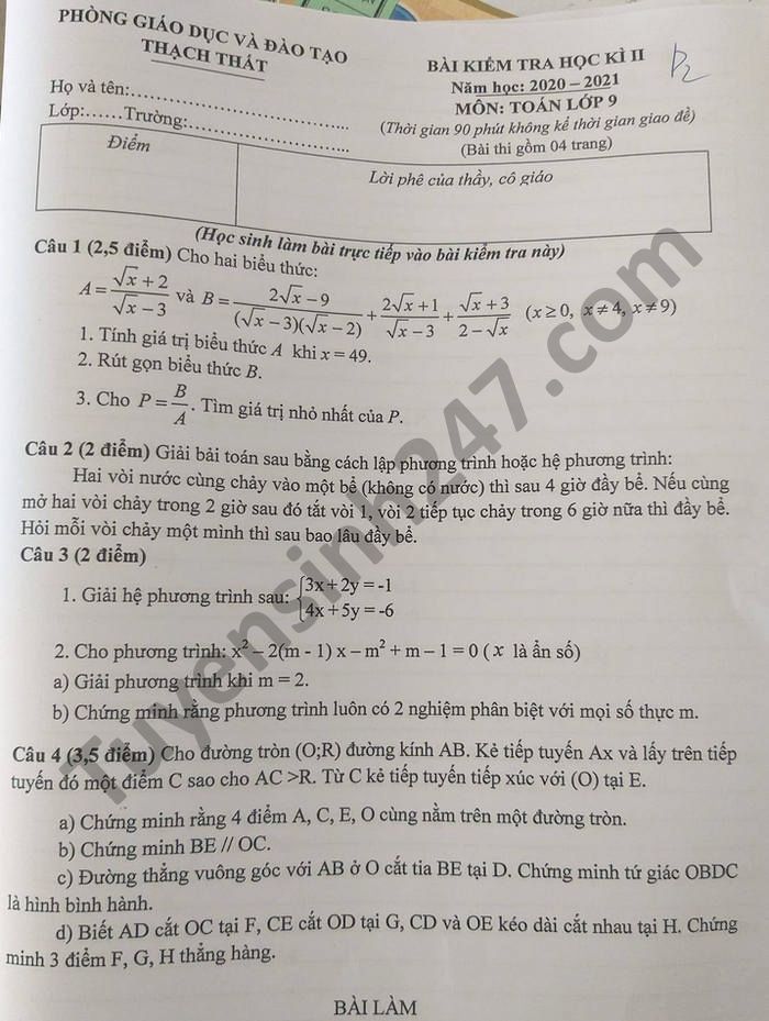 Đề thi học kì 2 Phòng GD Thạch Thất năm 2021 môn Toán lớp 9-có đáp án