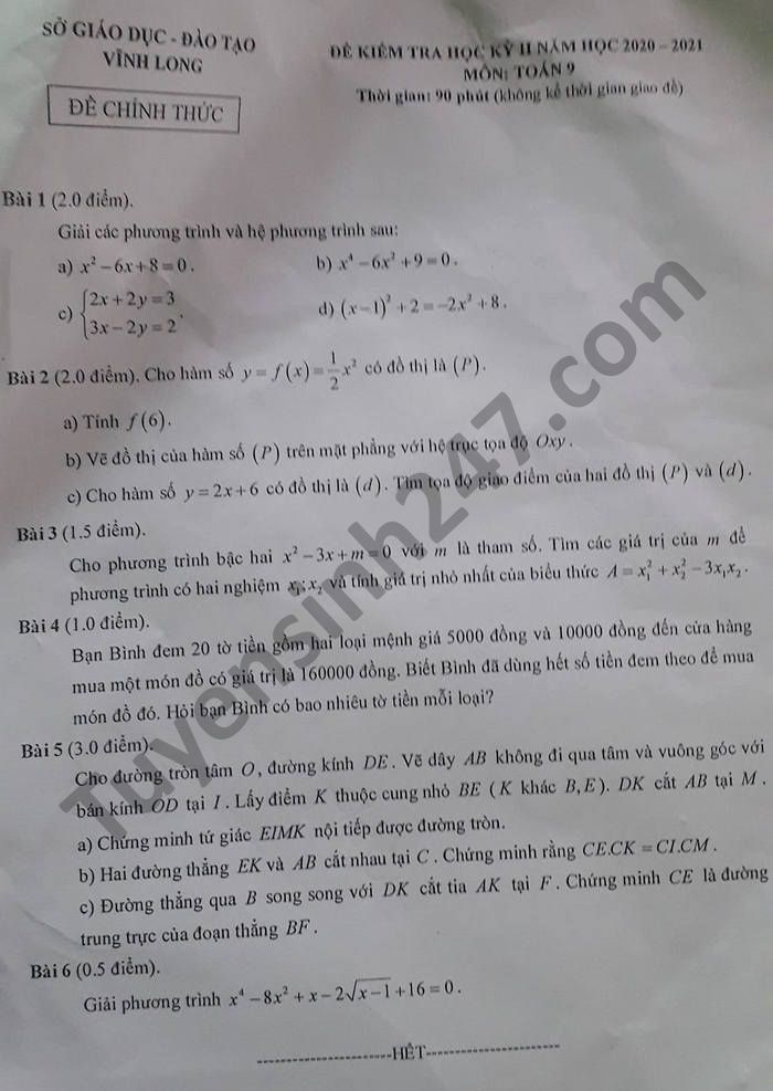 Đề thi học kì 2 năm 2021 tỉnh Vĩnh Long môn Toán lớp 9-có đáp án 