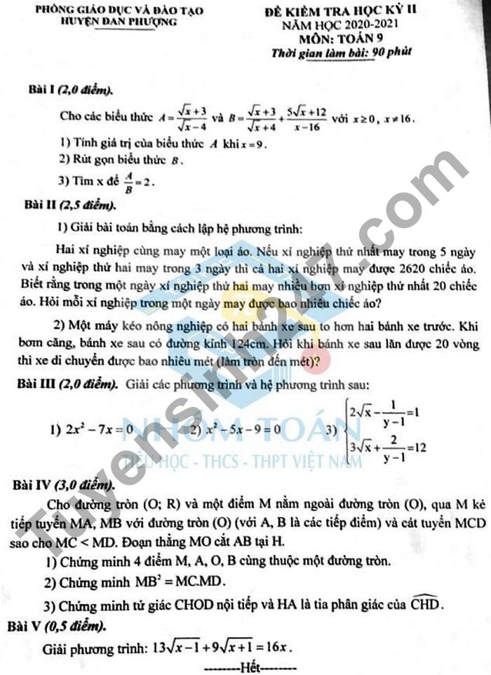 Đề thi học kì 2 môn Toán lớp 9 - Huyện Đan Phượng 2021