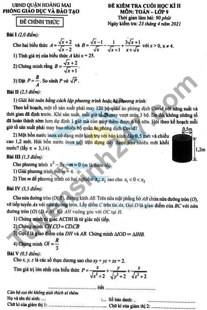 Đề thi học kì 2 năm 2021 Quận Hoàng Mai lớp 9 môn Toán