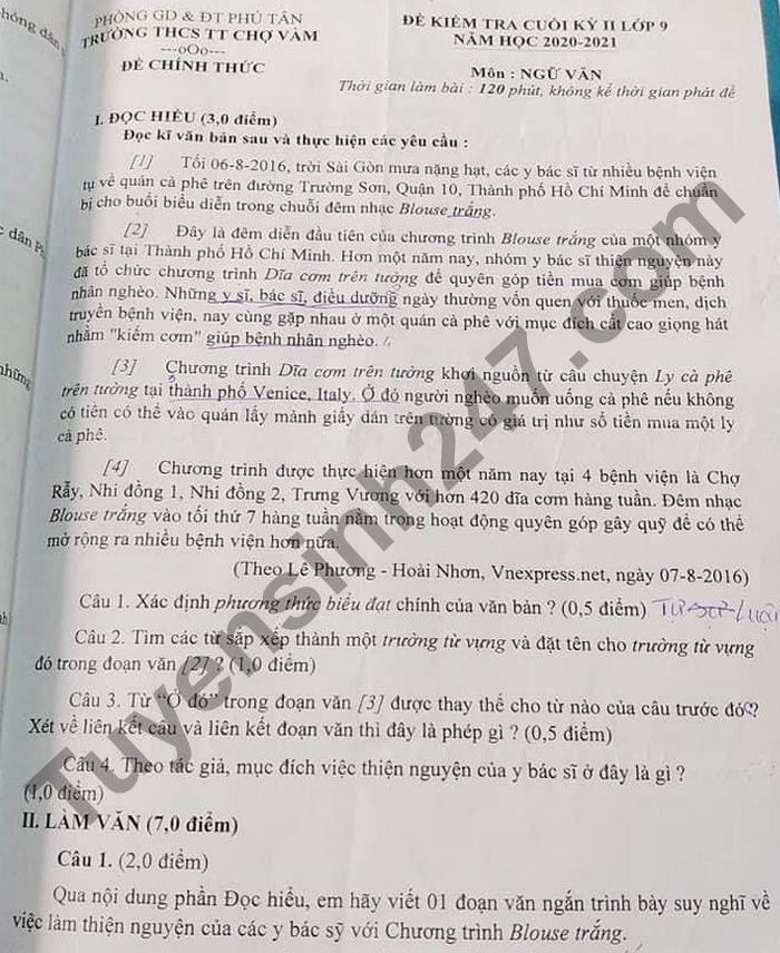 Đề thi cuối kì 2 lớp 9 môn Văn năm 2021 - THCS TT Chợ Vàm