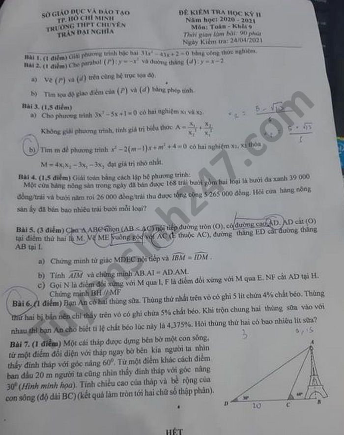 Đề thi học kì 2 THPT chuyên Trần Đại Nghĩa 2021 môn Toán lớp 9 