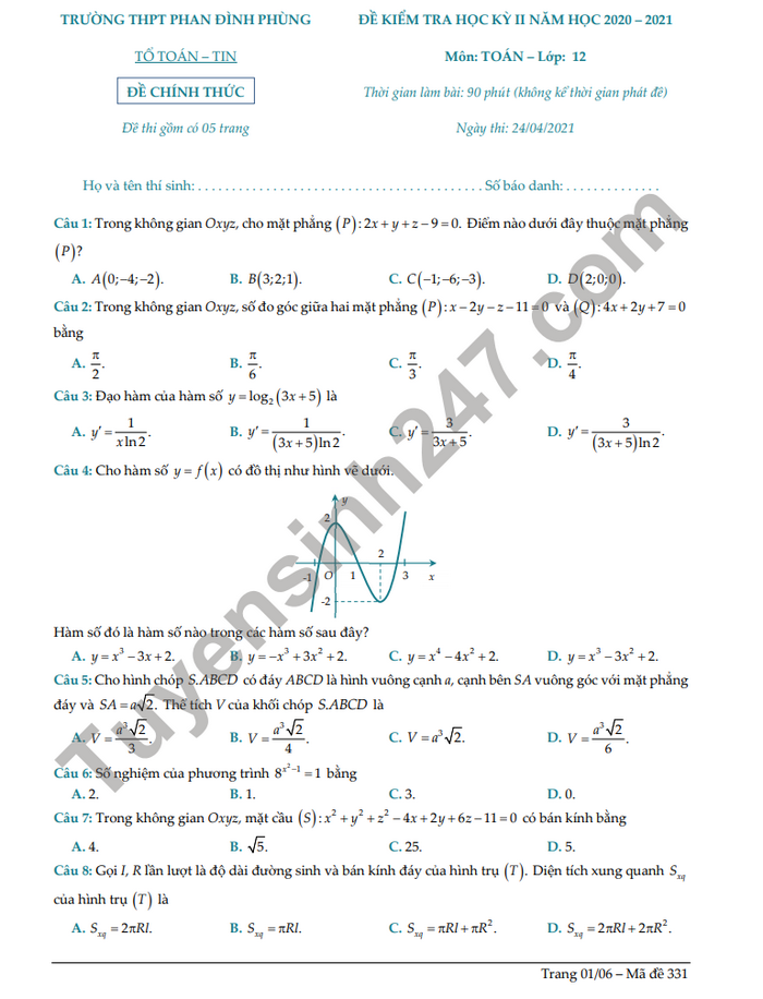 Đề thi học kì 2 môn Toán lớp 12 năm 2021 THPT Phan Đình Phùng 