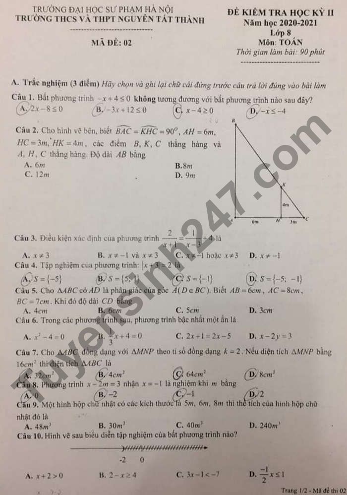 Đề thi học kì 2 môn Toán lớp 8 năm 2021 - THCS&THPT Nguyễn Tất Thành