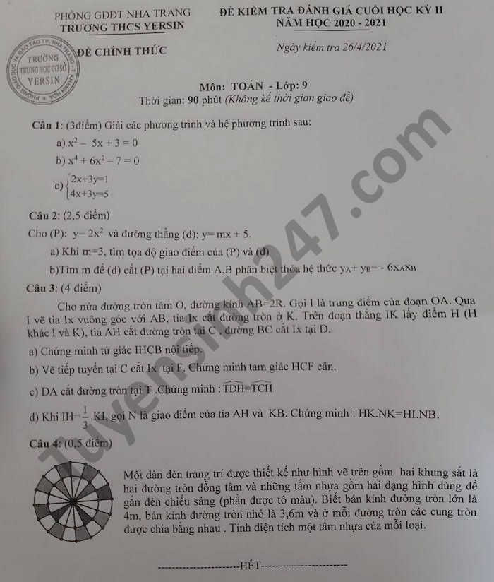 Đề thi học kì 2 THCS Yersin năm 2021 môn Toán lớp 9