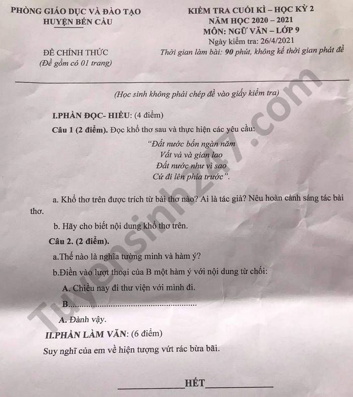 Đề thi học kì 2 - Phòng GD Bến Cầu năm 2021 môn Văn lớp 9