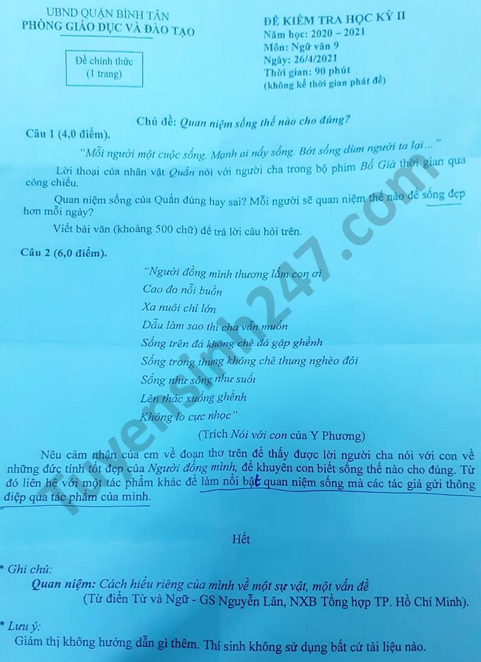 Đề thi học kì 2 lớp 9 môn Văn Phòng GD Quận Bình Tân năm 2021