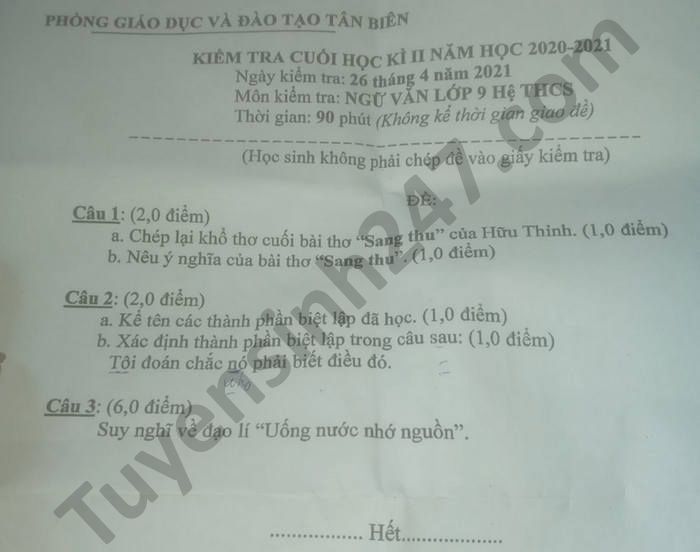 Đề thi học kì 2 Phòng GD Tân Biên năm 2021 môn Văn lớp 9