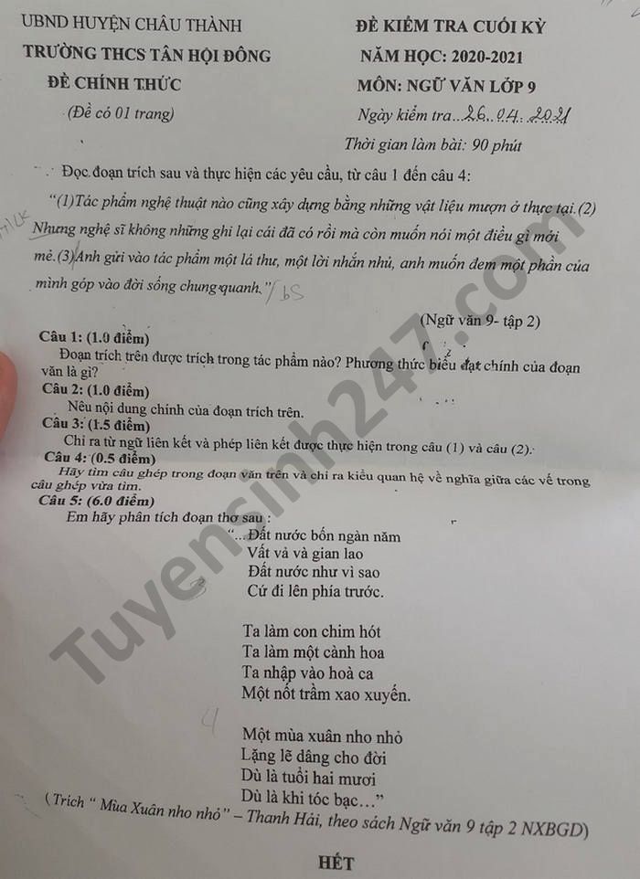 Đề thi học kì 2 năm 2021 THCS Tân Hội Đông môn Văn lớp 9