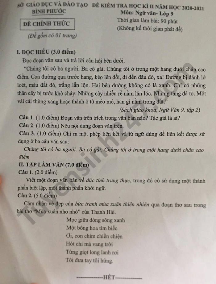 Đề thi học kì 2 tỉnh Bình Phước năm 2021 môn Văn lớp 9 