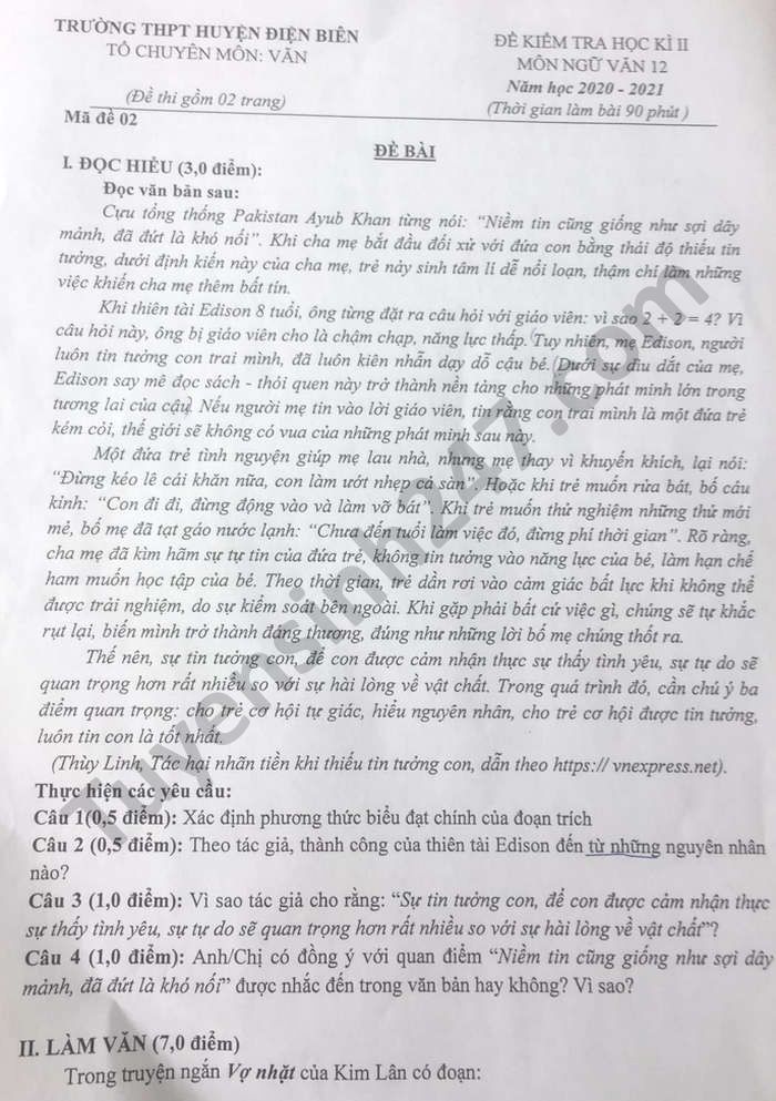 Đề thi học kì 2 THPT huyện Điện Biên năm 2021 môn Văn lớp 12