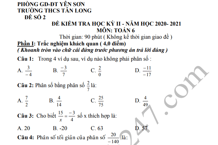 Đề thi kì 2 môn Toán lớp 6 - THCS Tân Long 2021 (Có đáp án)