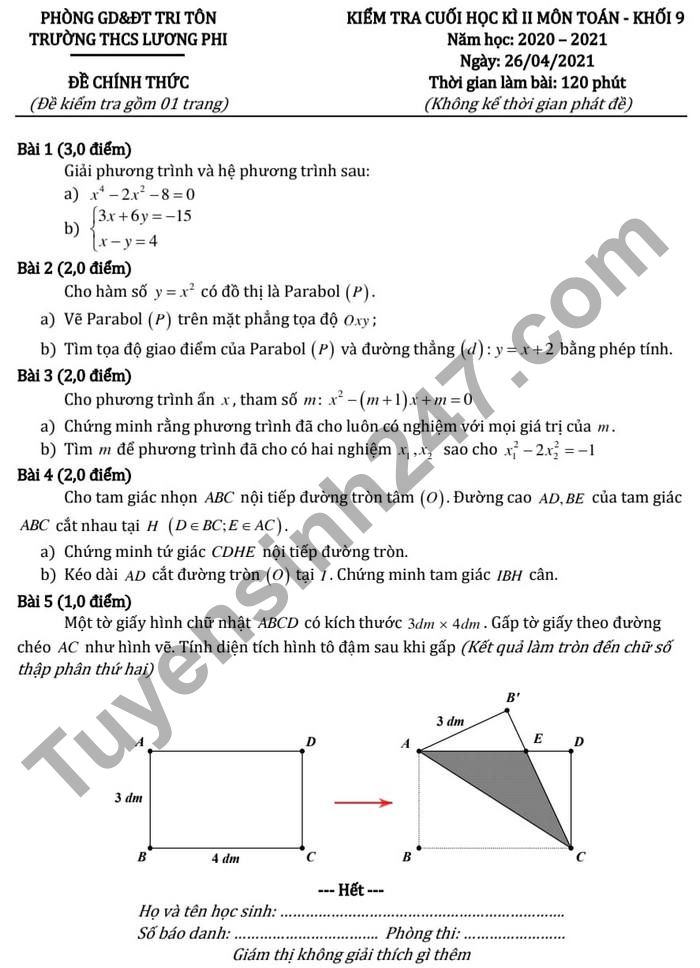 Đề thi cuối kì 2 lớp 9 môn Toán năm 2021 - THCS Lương Phi