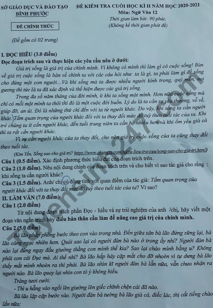 Đề thi cuối kì 2 môn Văn lớp 12 năm 2021 - Sở GD Bình Phước