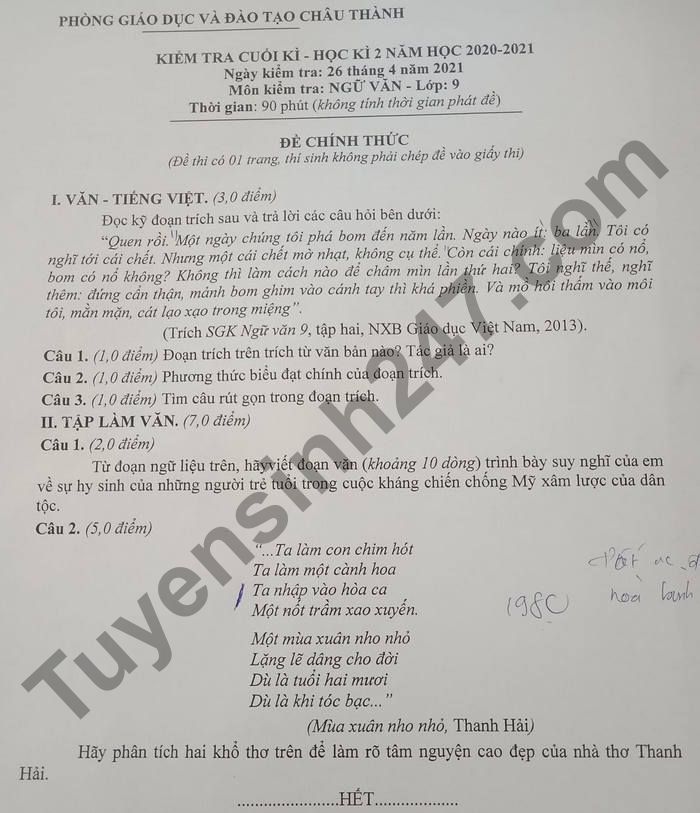 Đề thi học kì 2 môn Văn lớp 9 - Phòng GD Châu Thành 2021