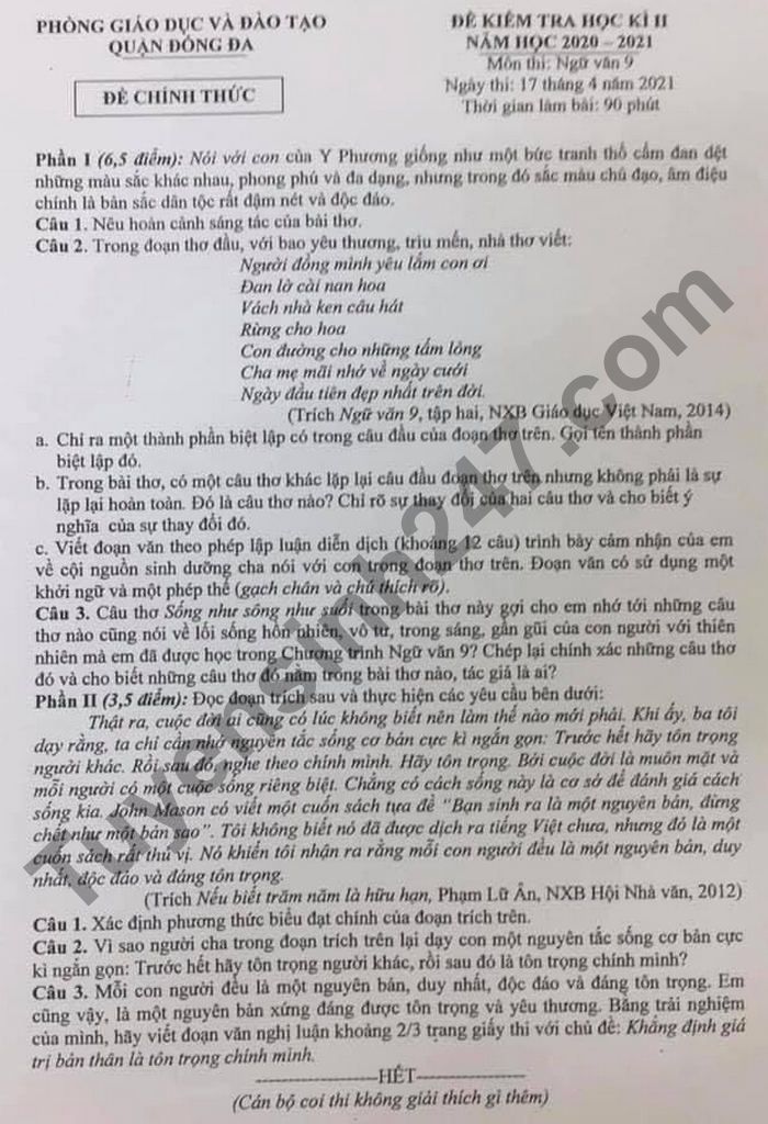 Đề thi học kì 2 năm 2021 lớp 9 môn Văn - Quận Đống Đa