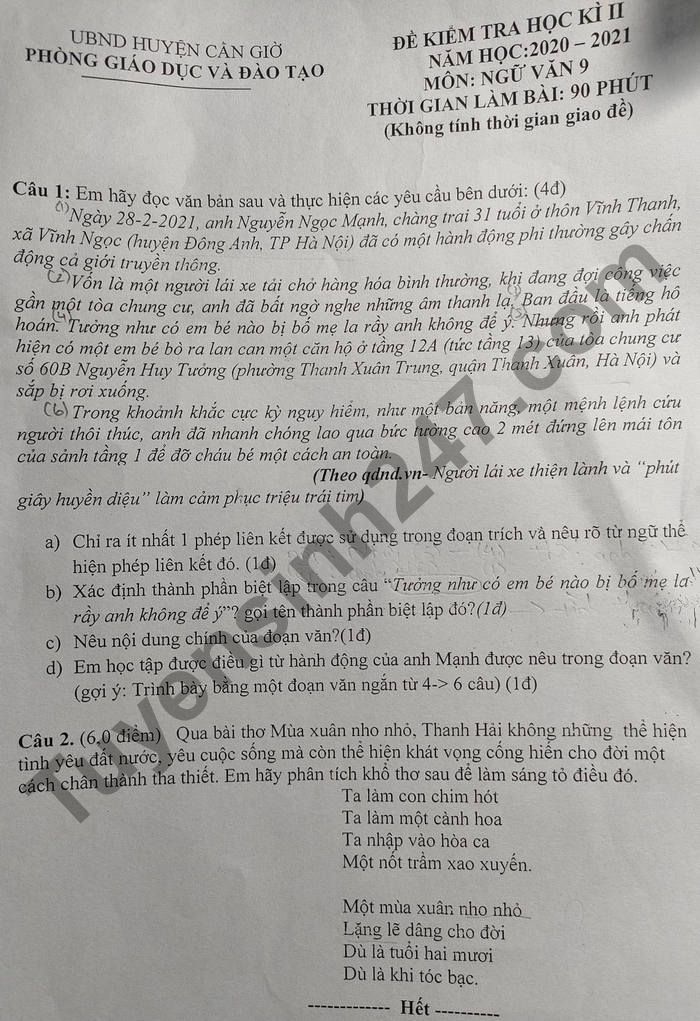 Đề thi kì 2 lớp 9 môn Văn năm 2021 - Huyện Cần Giờ