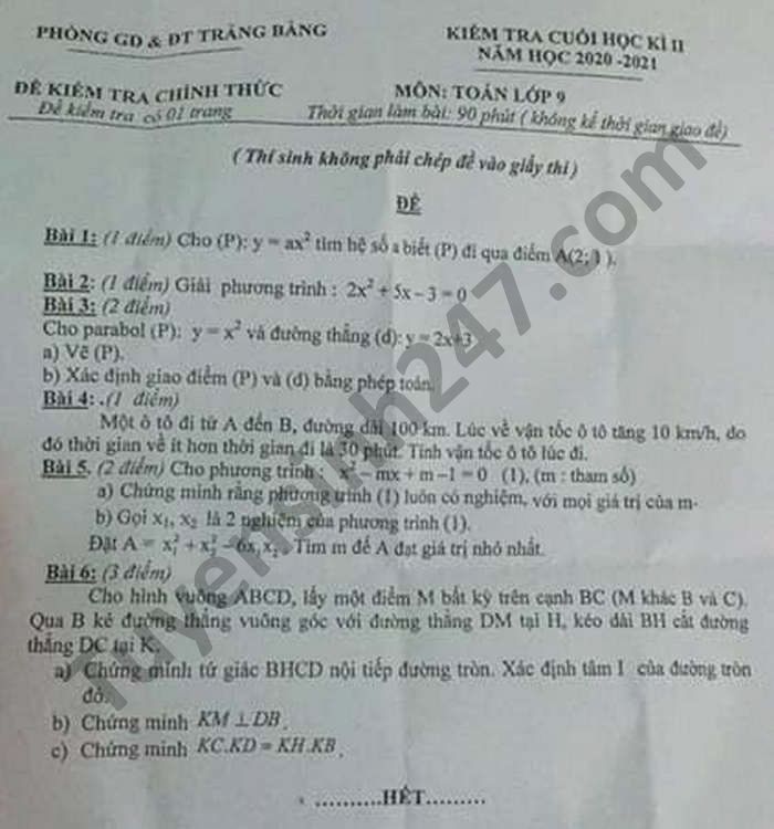 Đề thi học kì 2 Phòng GD Trảng Bàng năm 2021 môn Toán lớp 9