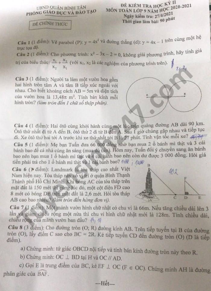 Đề thi học kì 2 môn Toán lớp 9 năm 2021- Phòng GD Quận Bình Tân