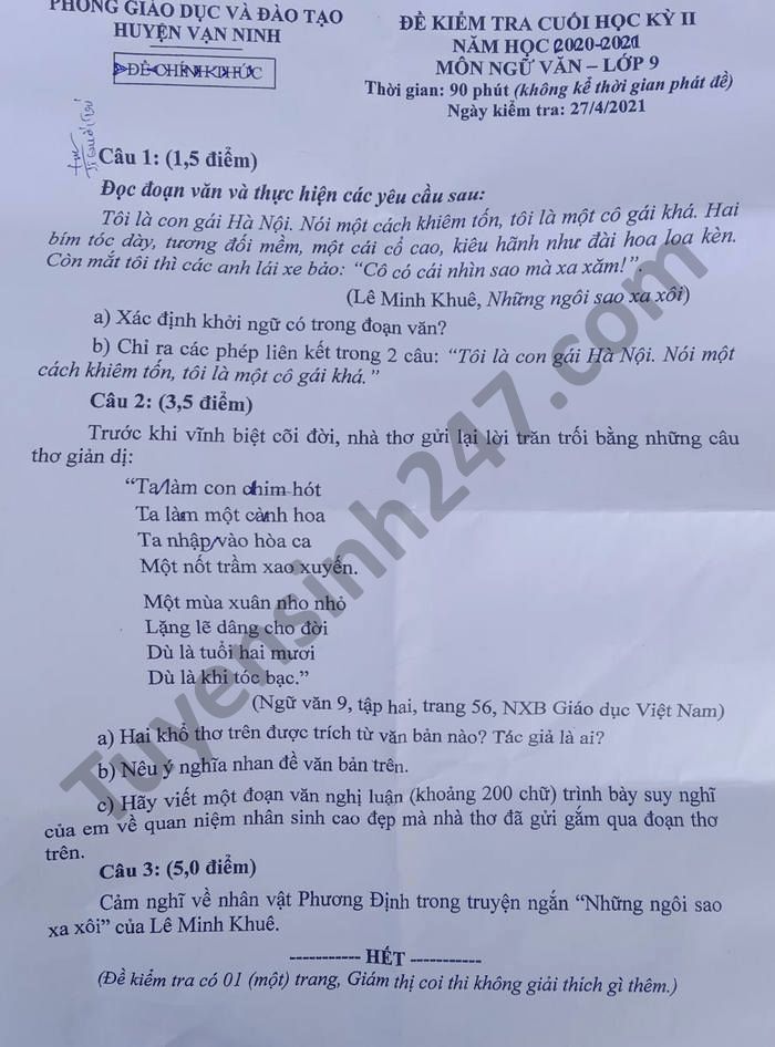 Đề thi học kì 2 môn Văn lớp 9 huyện Vạn Ninh năm 2021 