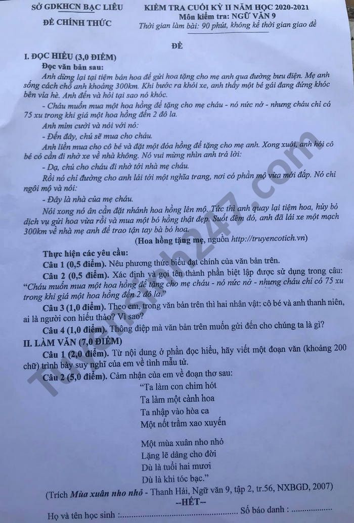 Đề thi học kì 2 tỉnh Bạc Liêu năm 2021 môn Văn lớp 9