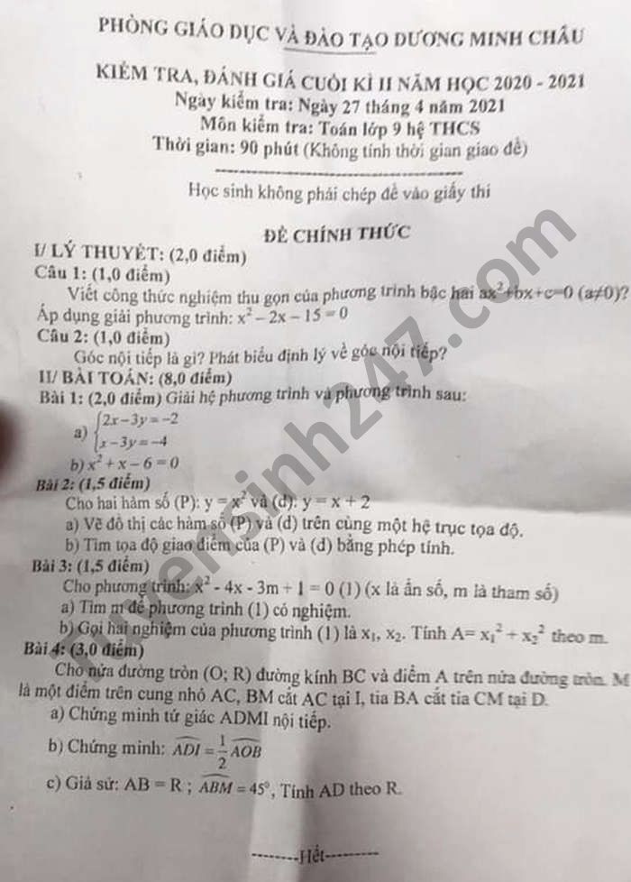 Đề thi học kì 2 môn Toán lớp 9 năm 2021 phòng GD Dương Minh Châu