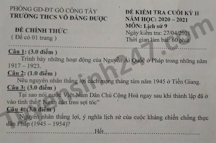 Đề thi học kì 2 môn Sử lớp 9 năm 2021 THCS Võ Đăng Được